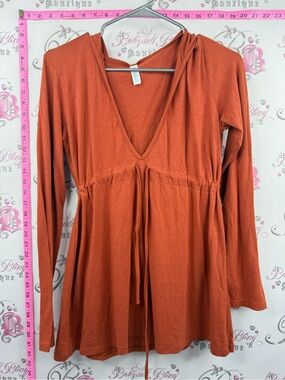 DEDICATED babydoll top tie orange Women's Rust V-Neck Drawstring Tunic Top